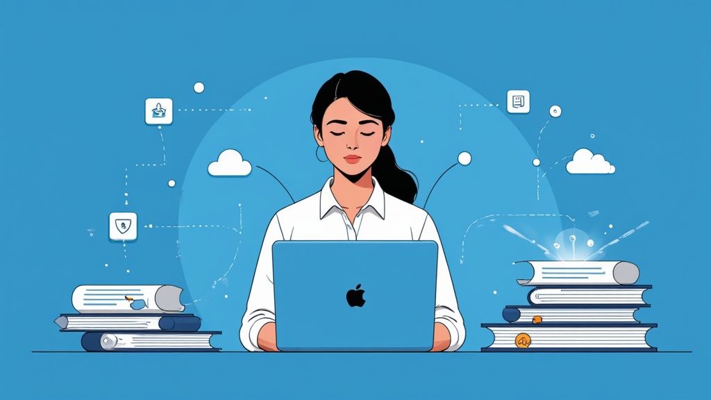 Professional woman working on laptop with books and digital icons representing legal research workflow