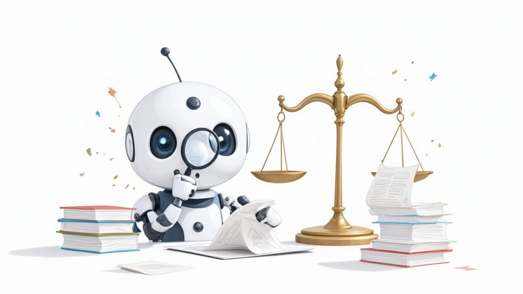 Cartoon robot examining legal documents with magnifying glass beside justice scales and law books