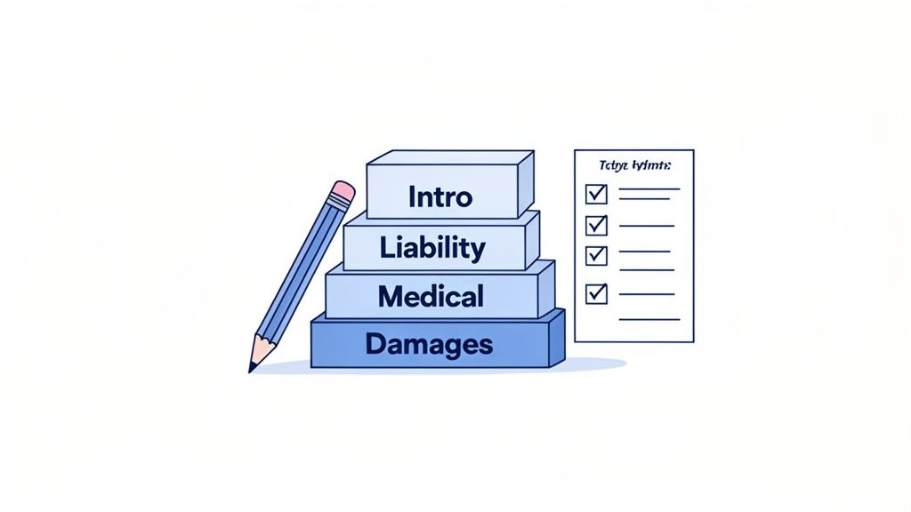 An illustration of a pencil next to stacked blocks labeled Intro, Liability, Medical, Damages, and a checklist.