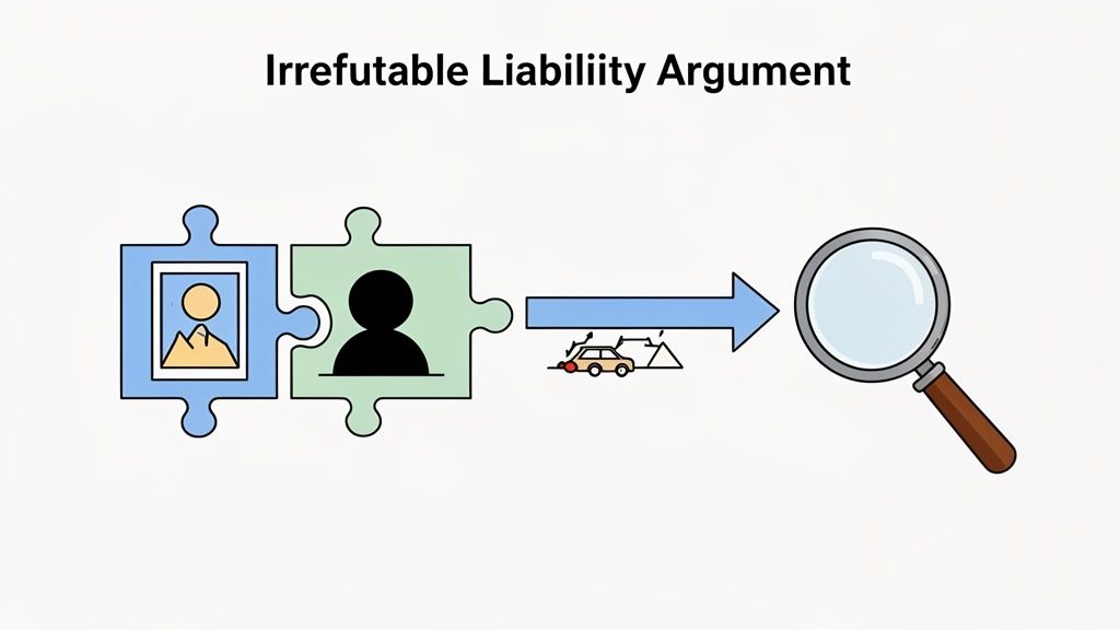 Illustration of a liability argument showing connected individuals, a car accident, and investigation.
