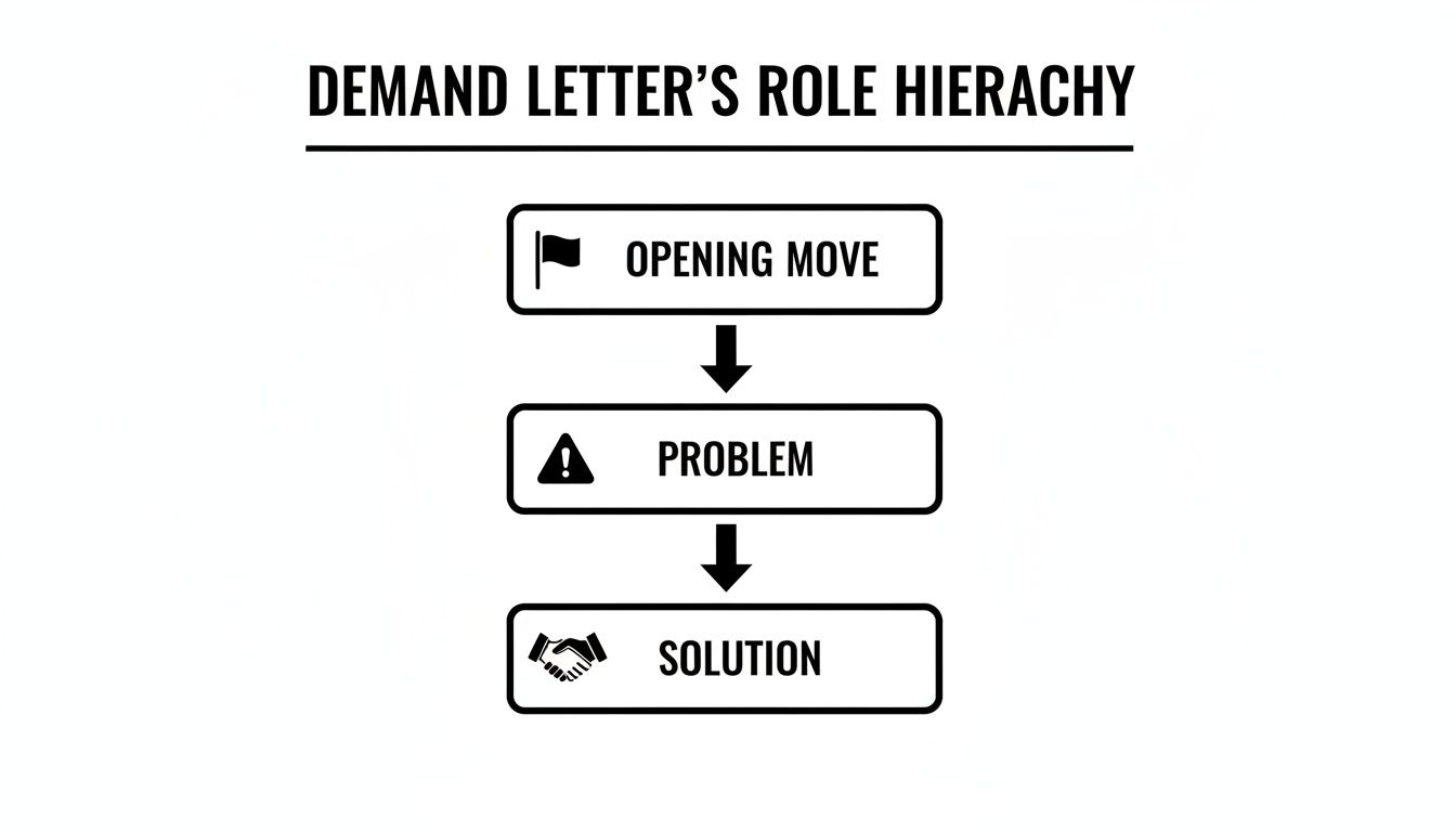 A flowchart depicting the demand letter's role hierarchy: Opening Move, Problem, and Solution steps.