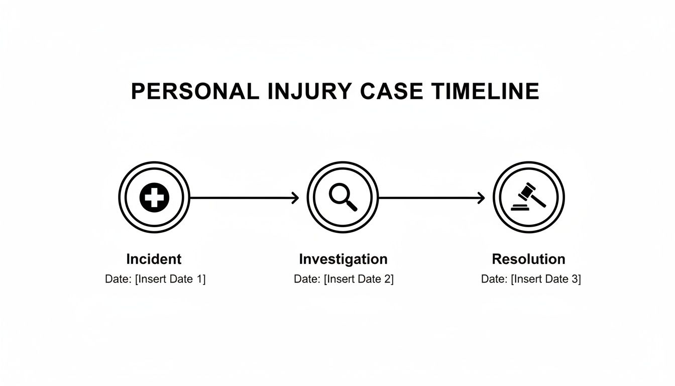 A visual timeline diagram detailing the three main stages of a personal injury legal case: Incident, Investigation, and Resolution.