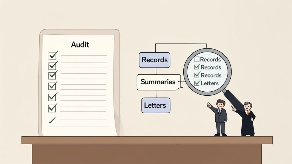 Illustration showing an audit process with a checklist, document flow, and two auditors reviewing files.