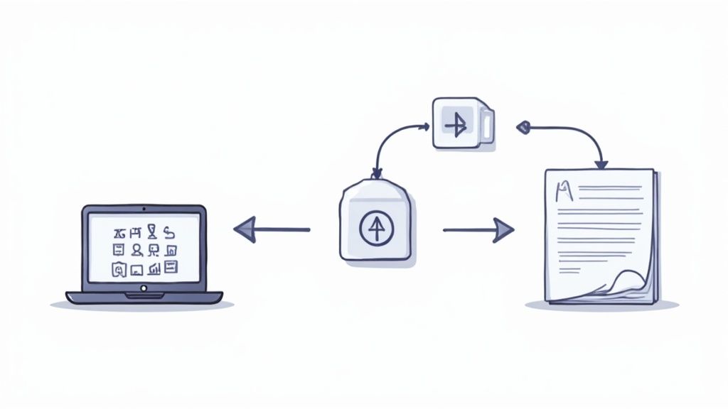 A diagram shows digital data from a laptop being processed into structured documents, representing a summary.