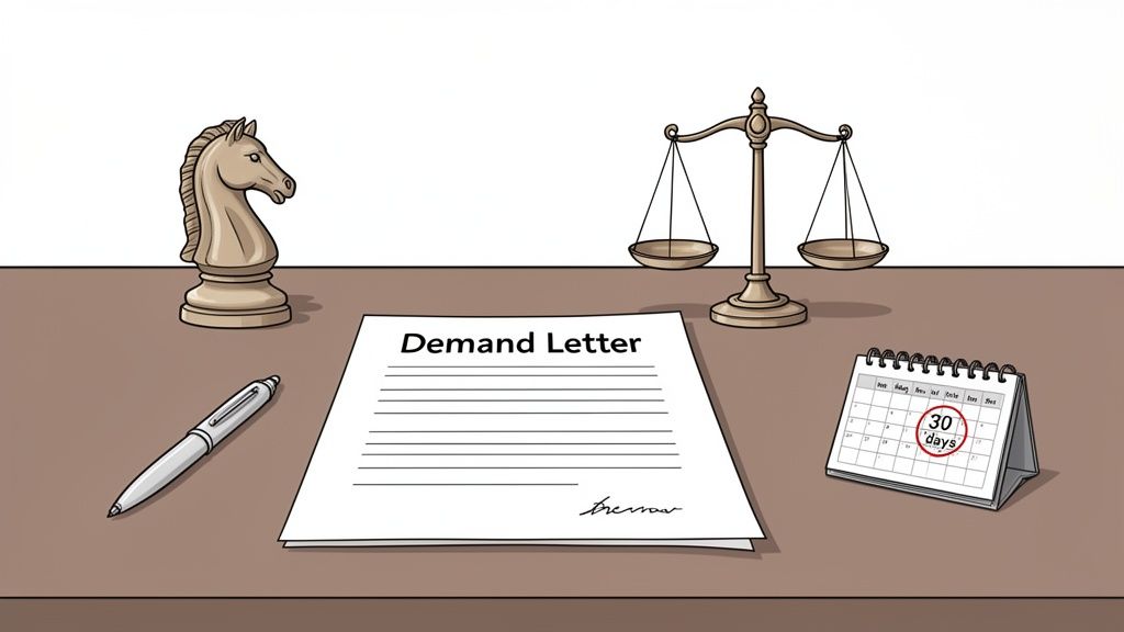 A desk setup with a 'Demand Letter,' a pen, scales of justice, a chess knight, and a calendar showing '30 days.'