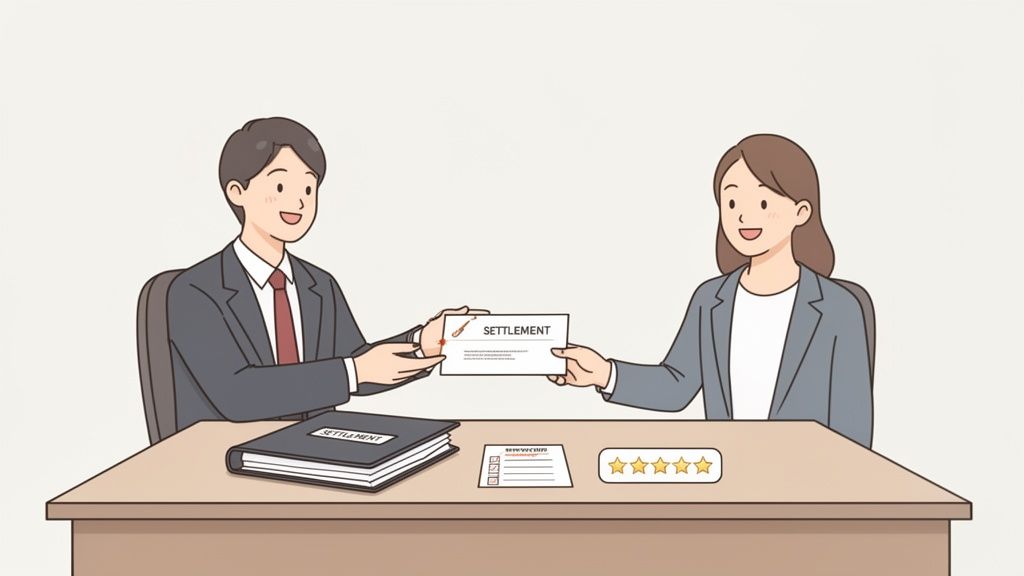 A man in a suit hands a settlement document to a smiling woman across a table.