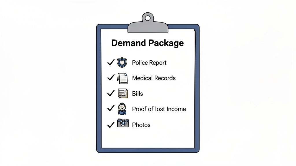 A clipboard displays a 'Demand Package' checklist, including police report, medical records, bills, lost income proof, and photos, all checked.