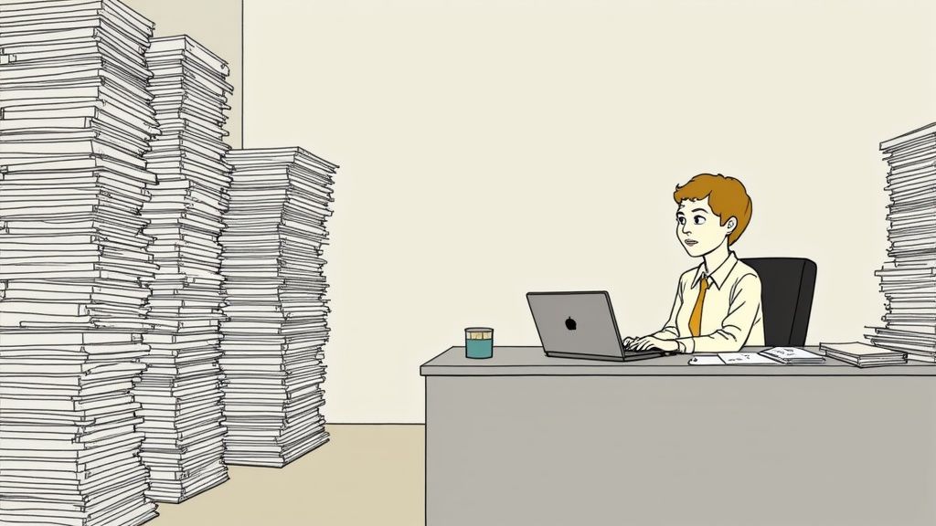 A person works on a laptop at a desk, surrounded by towering stacks of paper in an office.