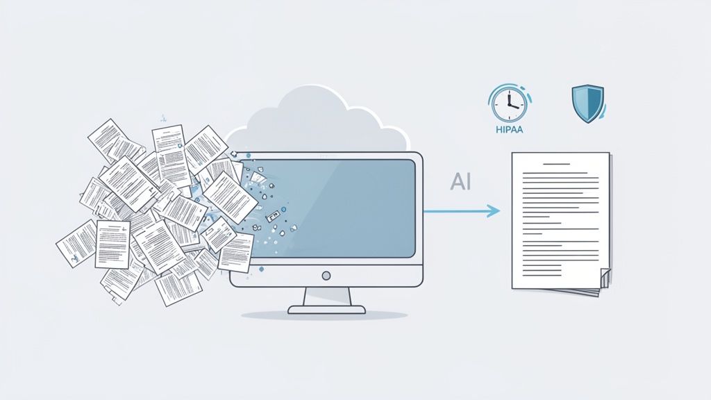 AI processes scattered documents into organized, HIPAA-compliant, secure medical record summaries.