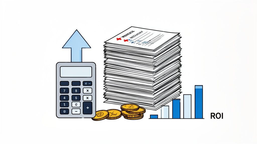 Illustration of medical records, a calculator with an upward arrow, coins, and an ROI bar chart, representing financial benefits.