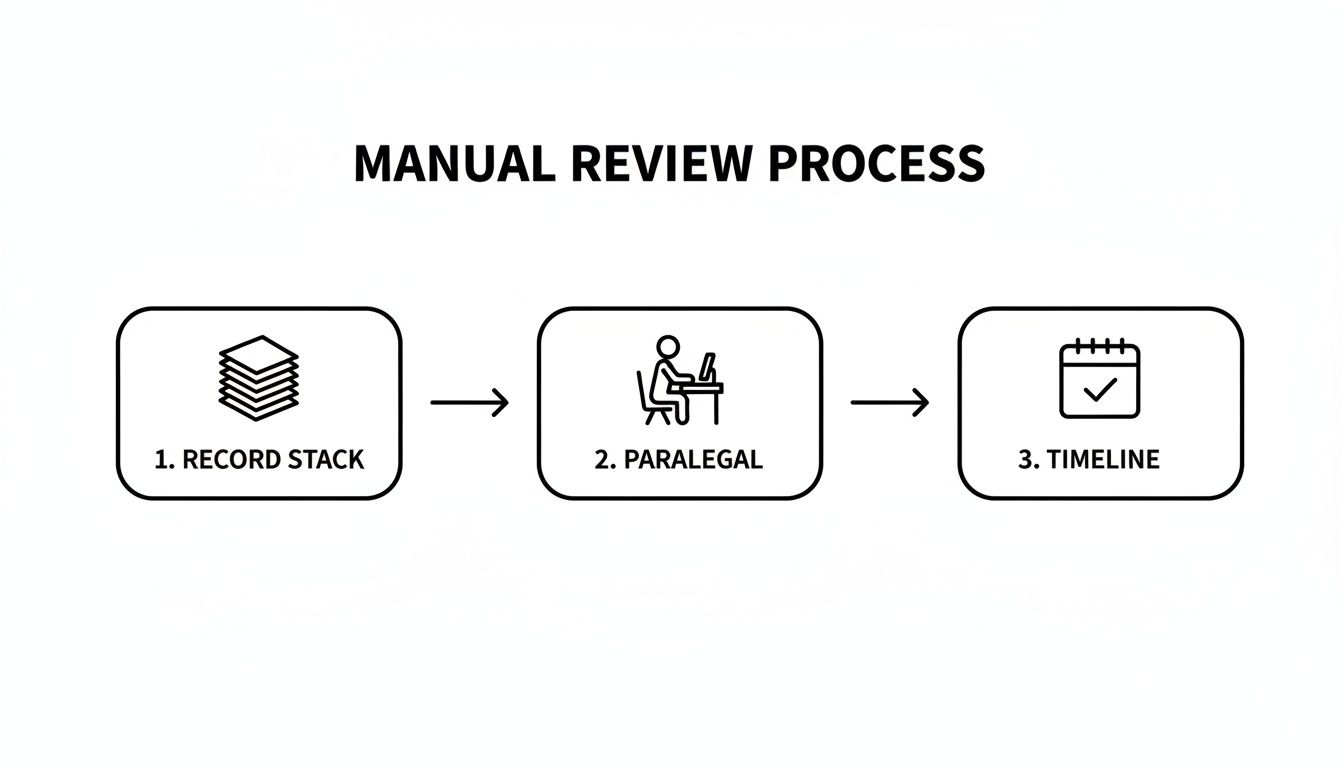 Illustrative flowchart detailing the manual review process: record stack, paralegal review, and timeline generation.