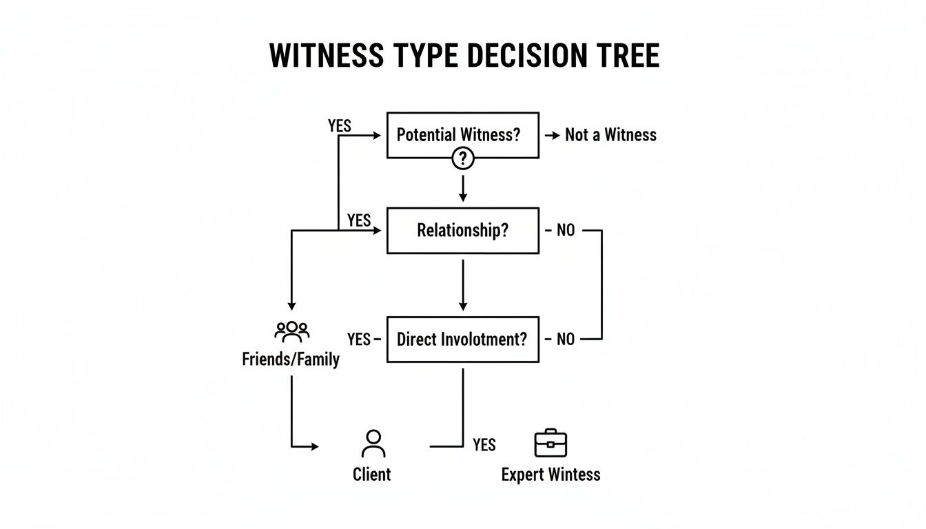 A flowchart titled 'Witness Type Decision Tree' categorizing individuals based on potential, relationship, and direct involvement.