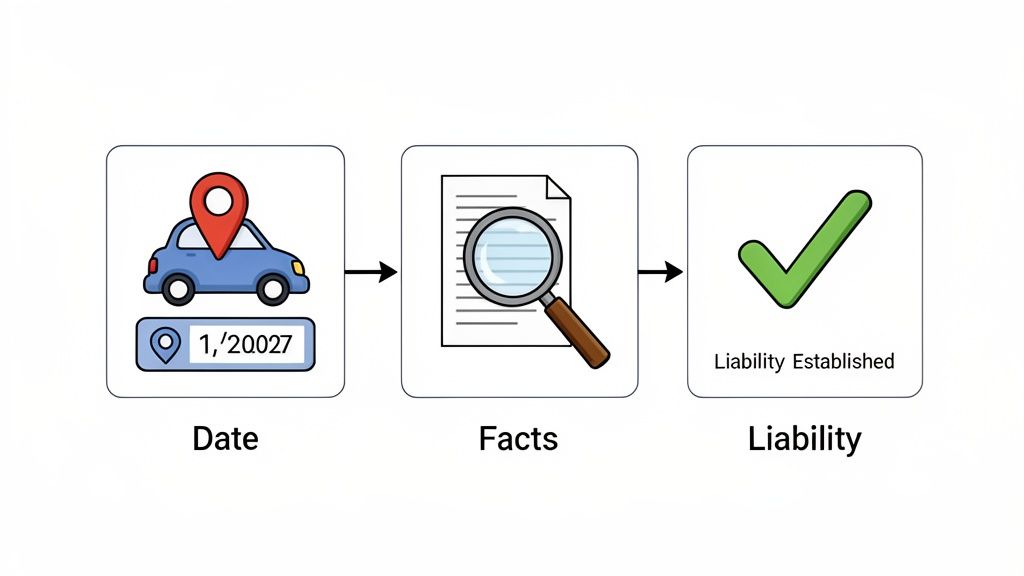 Flowchart illustrating the process of establishing liability, from incident date and facts to confirmation.