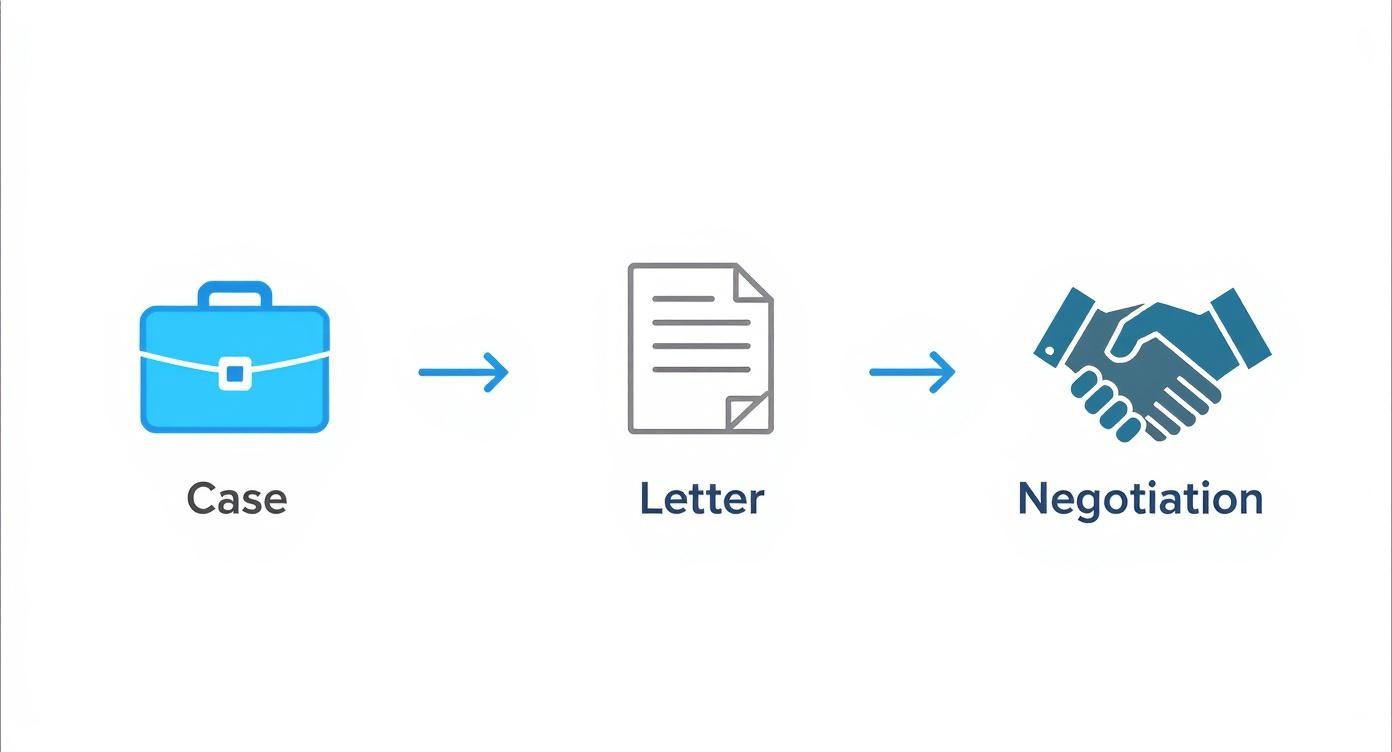 A diagram showing a workflow from a case (briefcase) to a letter (document) and then negotiation (handshake).
