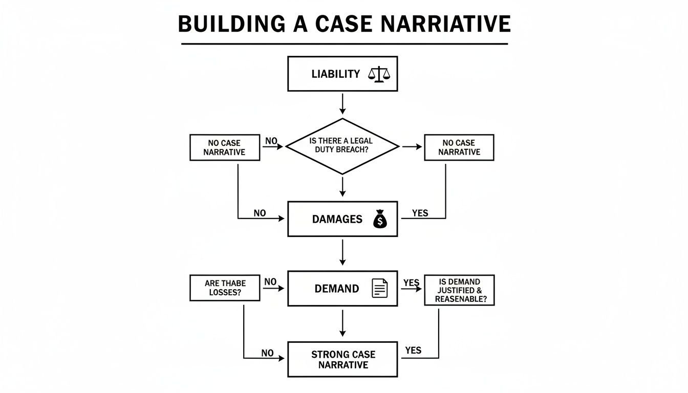 Flowchart illustrating the steps involved in building a legal case narrative, from liability to demand.
