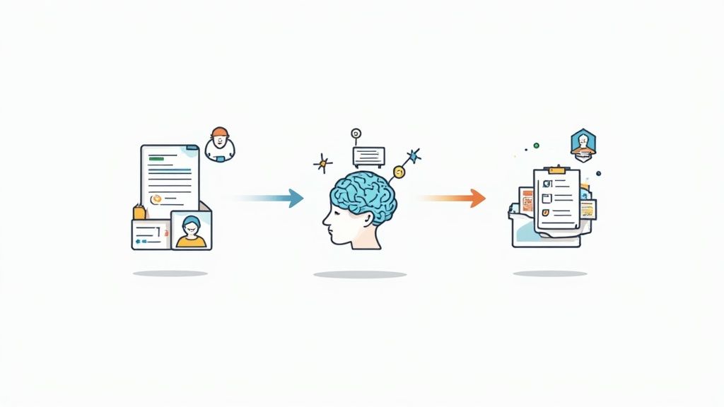Three-stage workflow diagram showing data collection, AI processing, and automated document generation for legal professionals