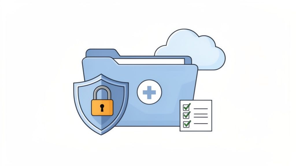 Secure digital medical records in a folder, protected by a shield and padlock, stored in the cloud.