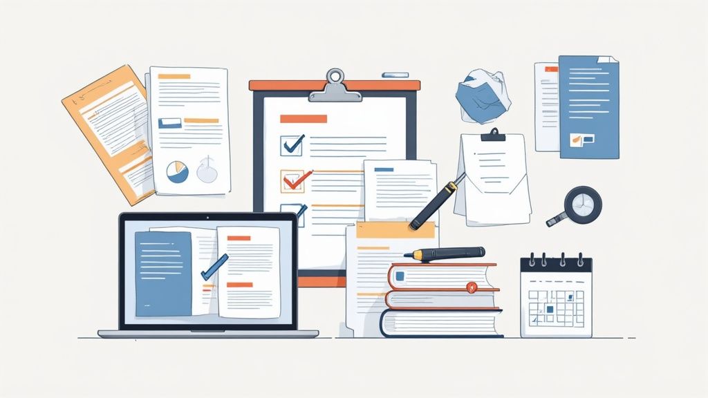Digital and paper documents with checklists, books, calendar and laptop for legal case organization