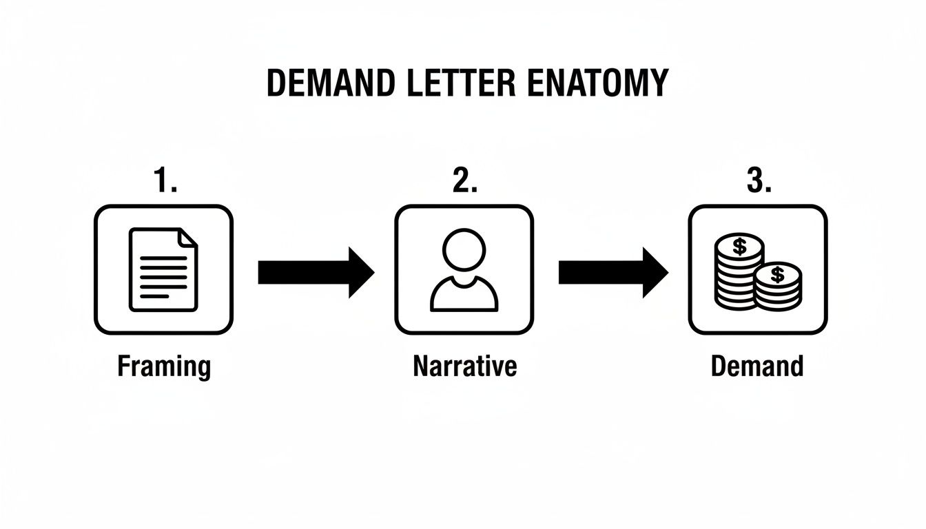 Flowchart illustrating demand letter anatomy: framing (document), narrative (person), and demand (coins).