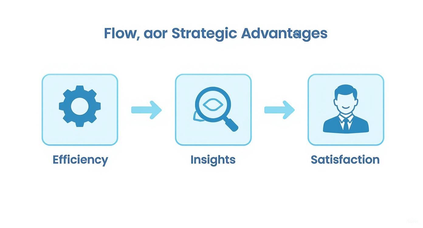 Flow diagram showing three strategic advantages: efficiency with gear icon, insights with magnifying glass, and satisfaction with professional icon