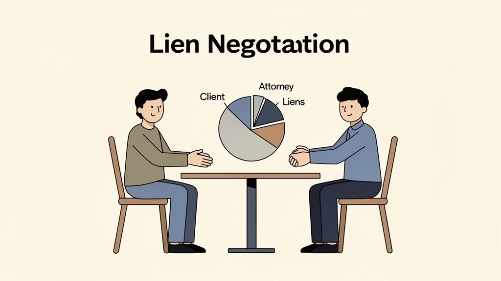 Two people discussing lien negotiation with a pie chart showing shares for client, attorney, and liens.
