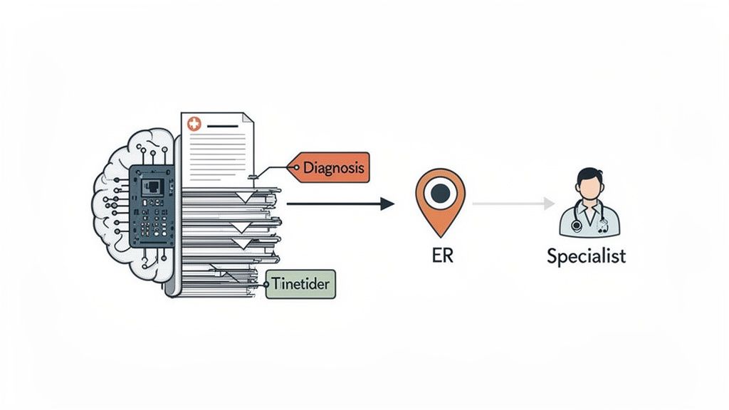 An AI brain processes medical records and diagnoses, then routes patients to the ER or a specialist.