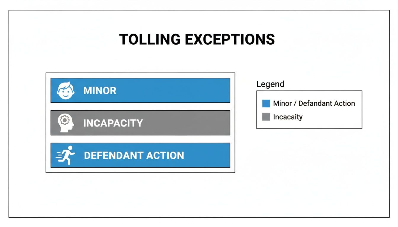 A diagram titled "Tolling Exceptions" listing minor, incapacity, and defendant action categories.