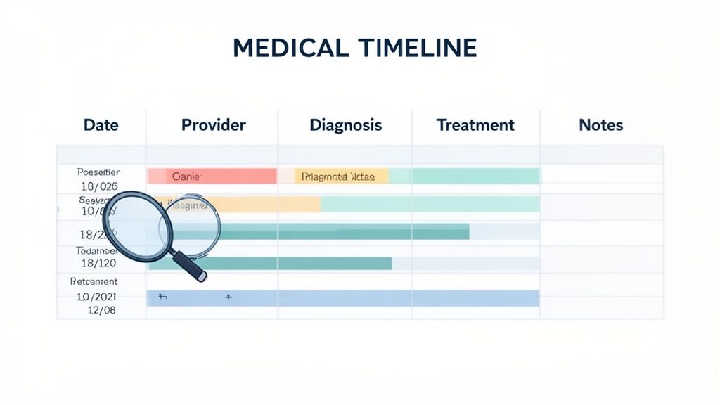 Medical timeline chart with dates, providers, diagnoses, treatments, and notes, partially obscured by a magnifying glass.