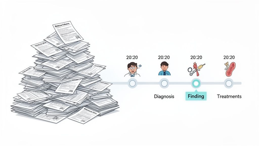 An overwhelming pile of medical records alongside a clear timeline for patient diagnosis, findings, and treatments.
