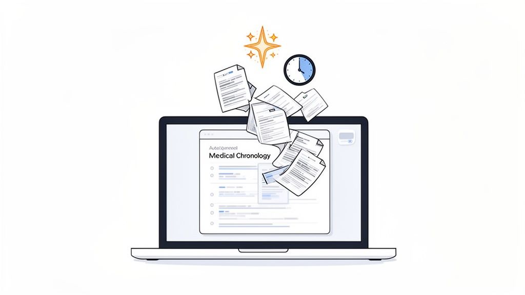 A laptop displays 'Medical Chronology' with documents, a clock, and a star entering the screen, symbolizing efficient processing.