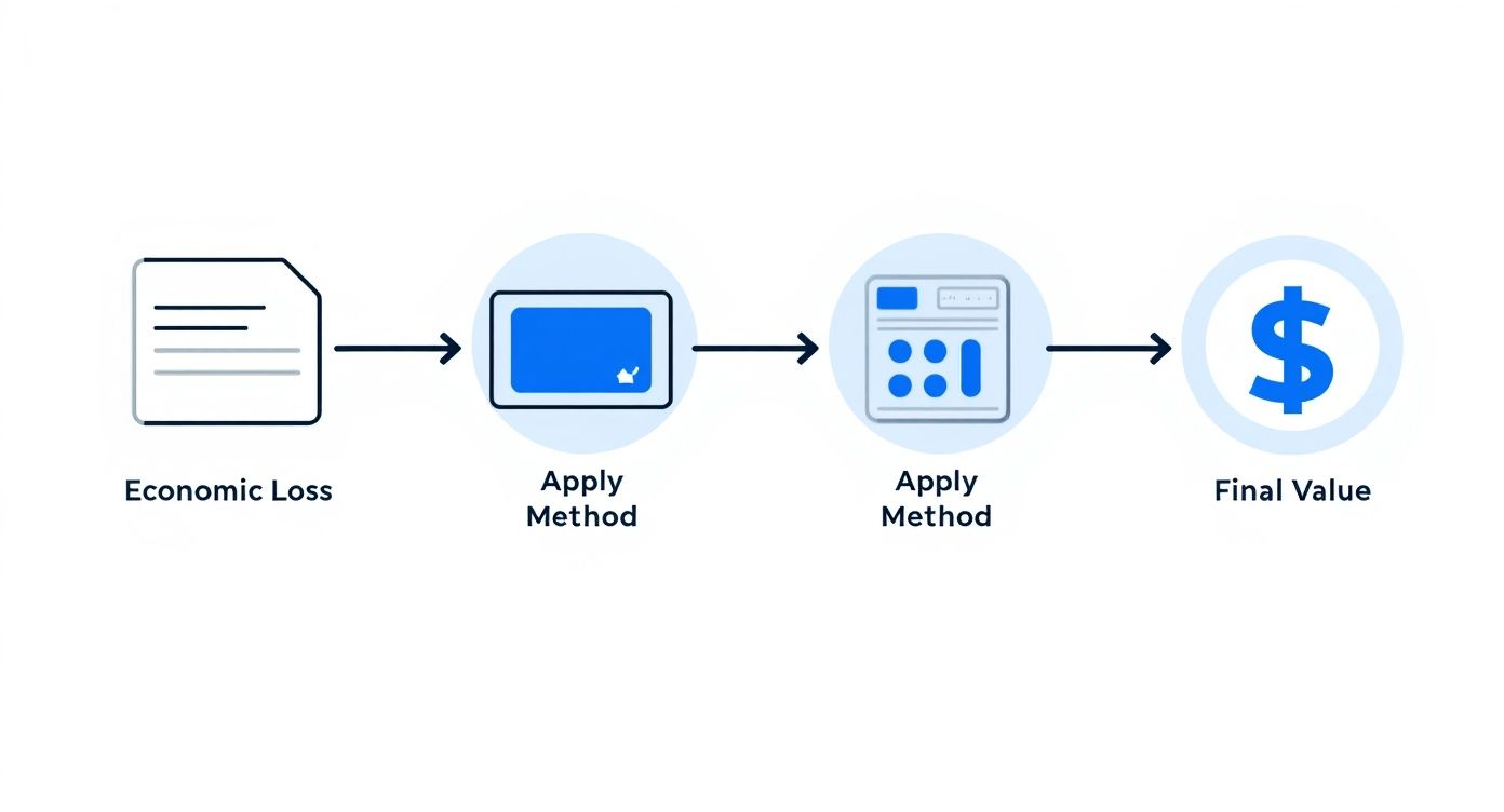 A flowchart showing the process of calculating a final value from economic loss by applying two methods.