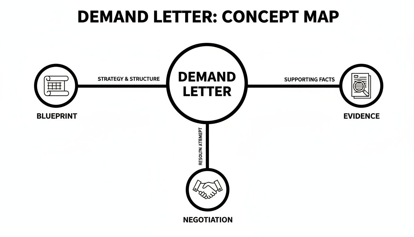 A concept map illustrating the key components of a demand letter, including blueprint, evidence, and negotiation.