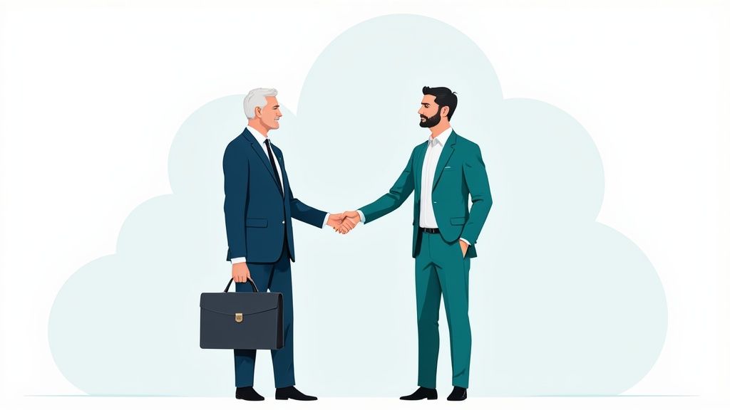Two businessmen in suits shaking hands, symbolizing a successful business deal or partnership.