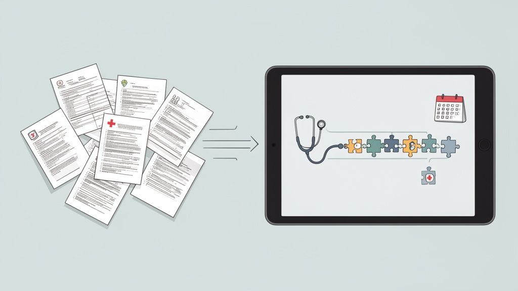 Pile of paper medical documents converting into a streamlined digital health record on a tablet.