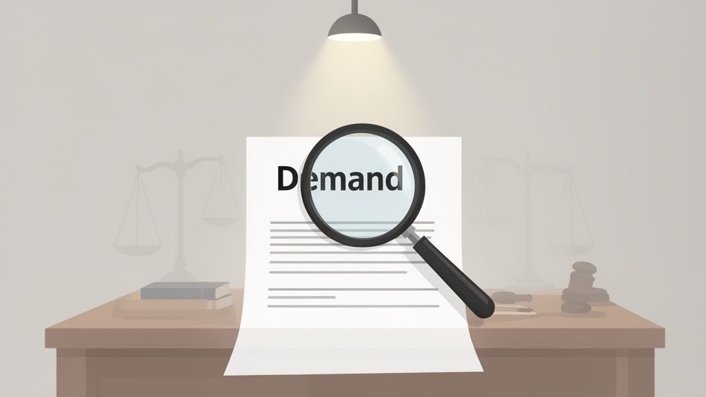 Magnifying glass over a 'Demand' letter, symbolizing legal scrutiny and the pursuit of justice.