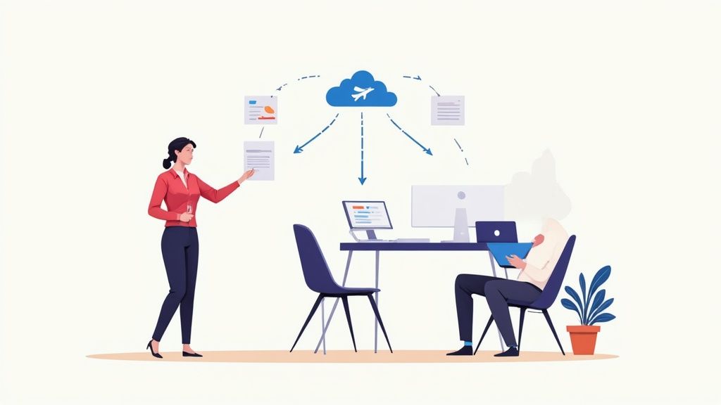 Two people using cloud technology for secure document management and collaboration in an office setting.