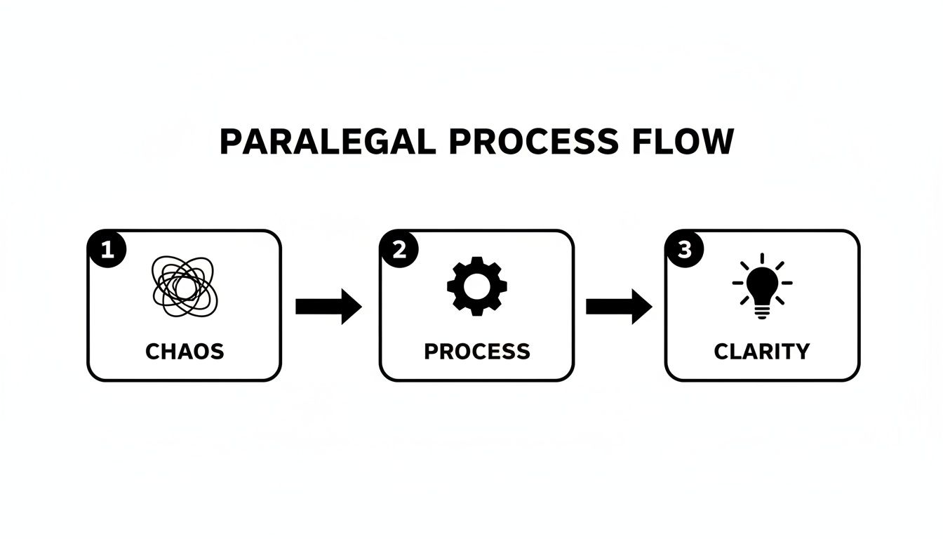 A diagram illustrates the paralegal process flow from initial chaos through structured process to clarity.