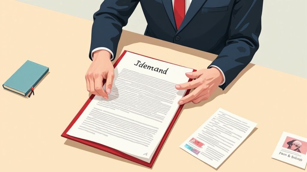 A person in a suit reviews a document titled "Idemand" on a desk with other papers.