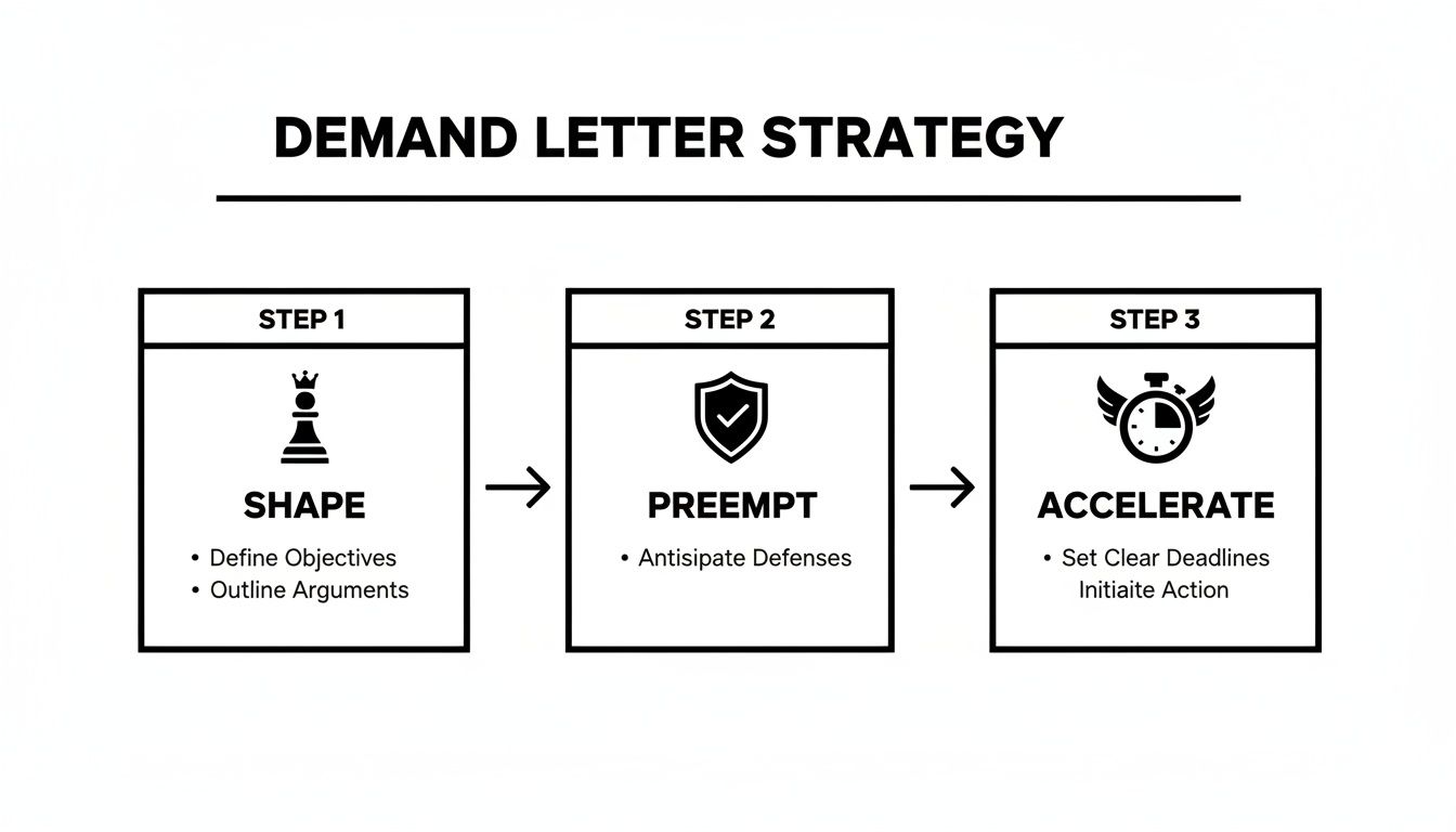 Flowchart outlining a three-step demand letter strategy: Shape, Preempt, Accelerate.