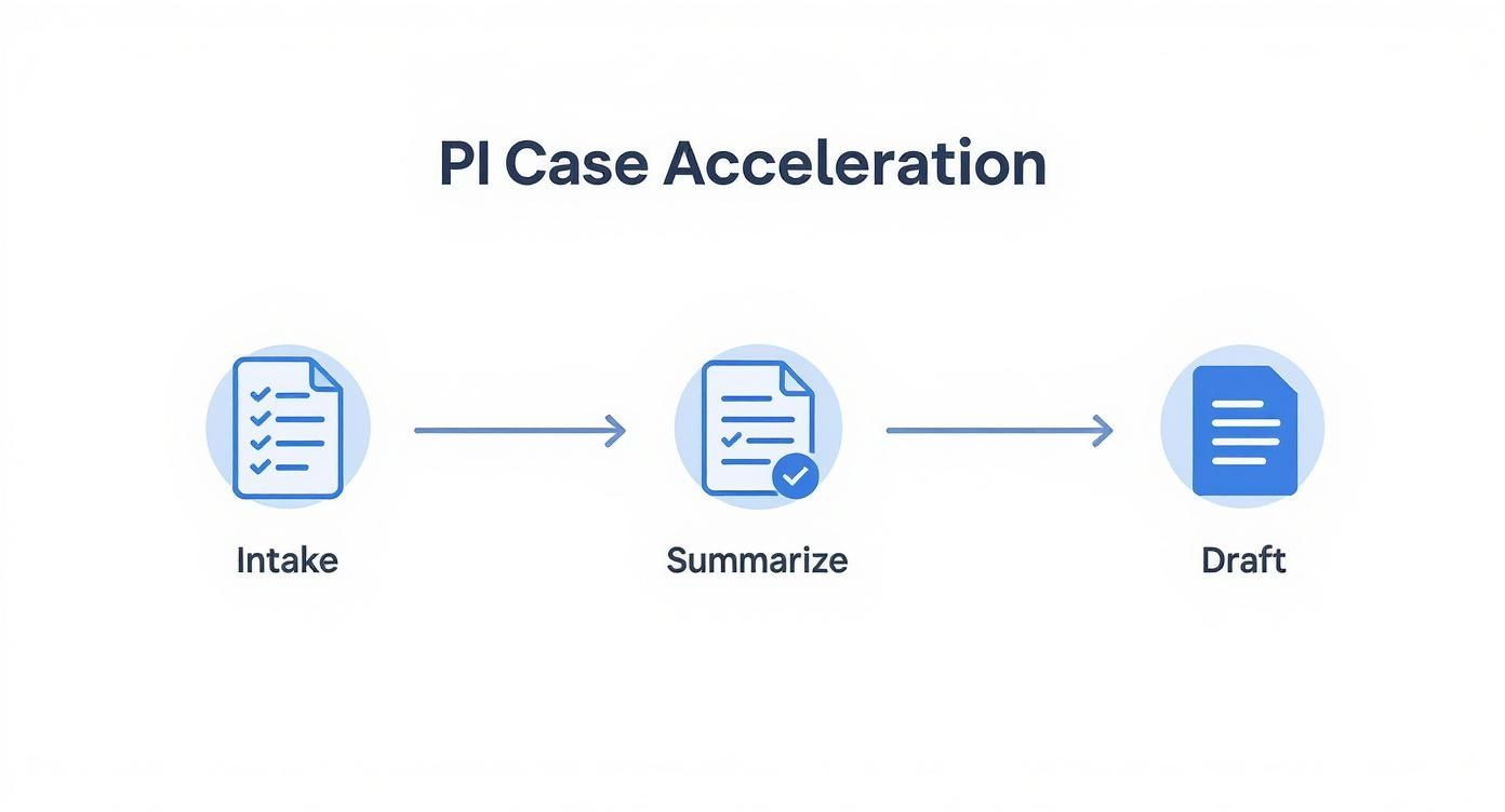Diagram illustrating a three-step PI case acceleration process with Intake, Summarize, and Draft stages.