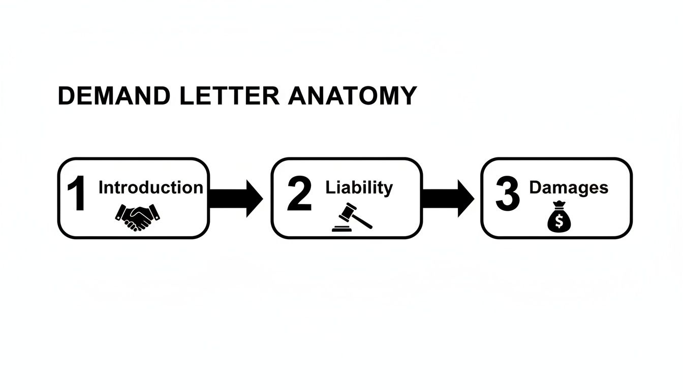 Diagram showing the three main parts of a demand letter: Introduction, Liability, and Damages.