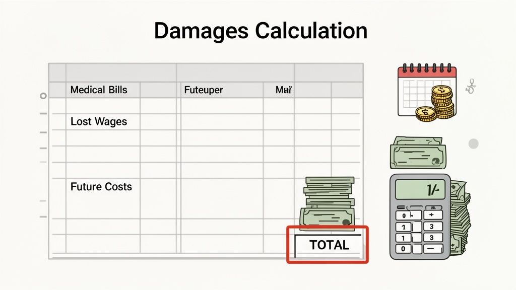 A spreadsheet for damages calculation, including medical bills, lost wages, and future costs, with money and calculator graphics.