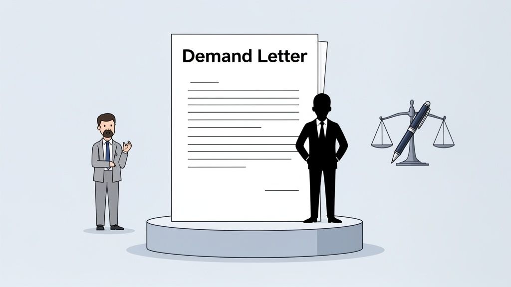 An illustration featuring a 'Demand Letter' document, two men in suits, and a scale of justice with a pen.