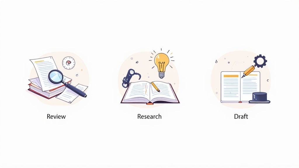 Three illustrations depicting stages of a creative process: review, research, and draft, with relevant tools.