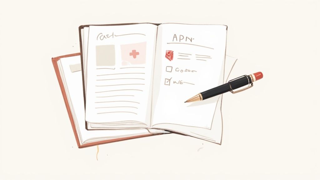 An illustration of an open notebook with a checklist and a medical cross, with a pen resting on it.