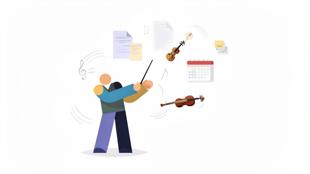 A stylized conductor orchestrates various tasks: documents, violins, a calendar, and emails, symbolizing workflow.