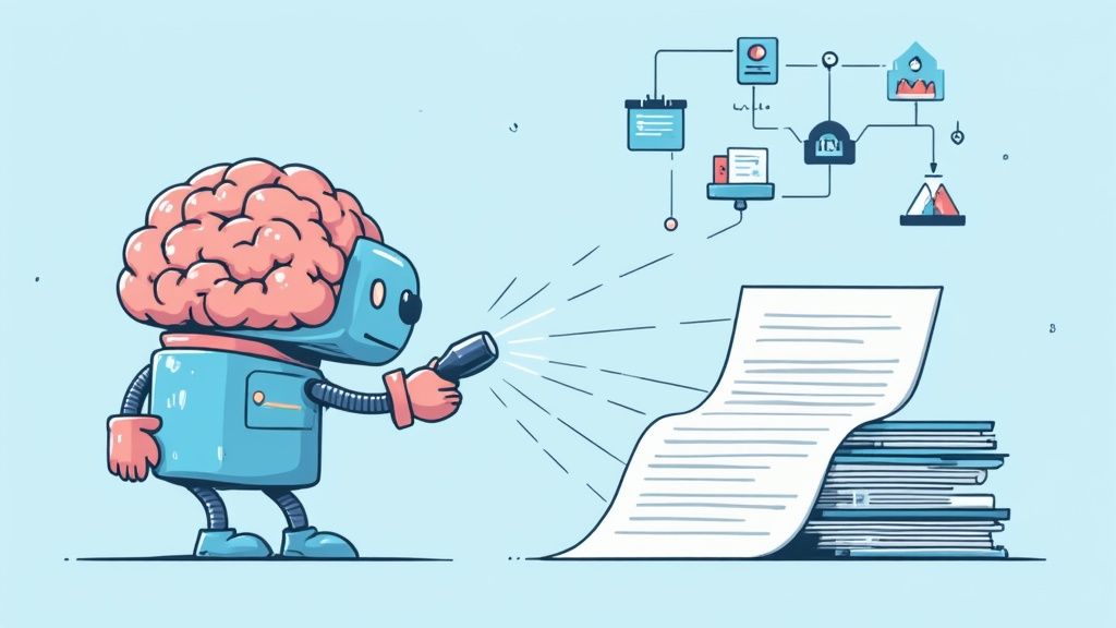 AI brain-robot analyzing documents with a flashlight, connected to a complex data processing flowchart.