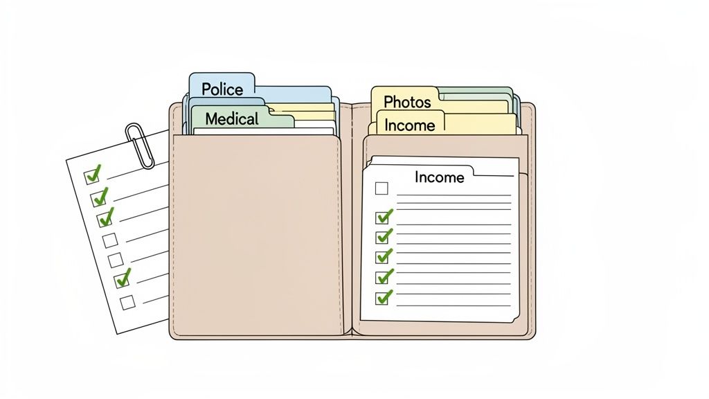 An open organizer with labeled file tabs for various categories like Police, Medical, Photos, Income, and accompanying checklists.