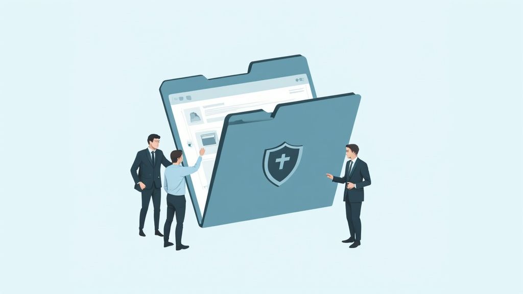 Business professionals discussing secure document management with folders featuring medical shield icon illustration