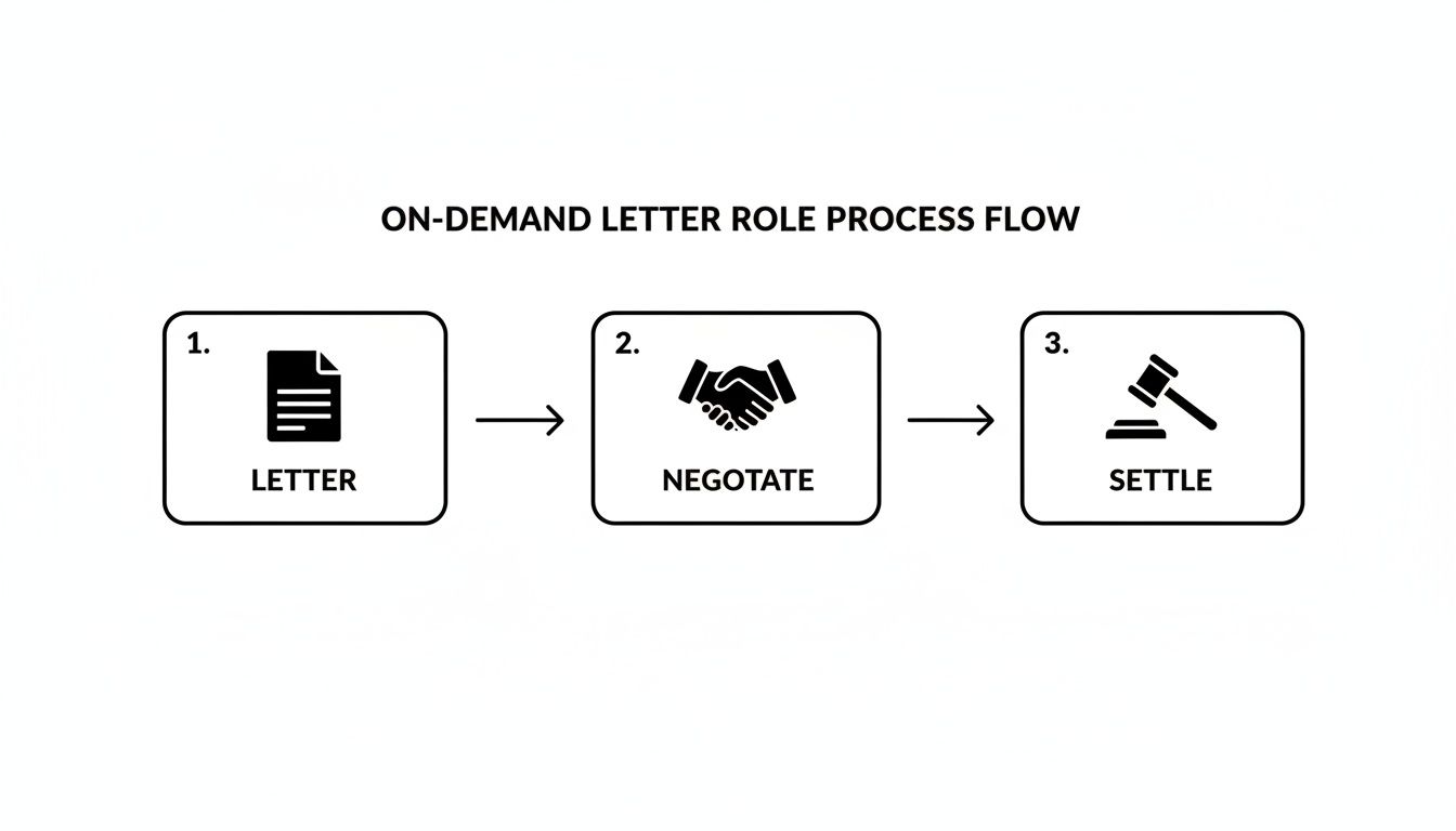 A process flow diagram shows three steps for an on-demand letter: Letter, Negotiate, and Settle.
